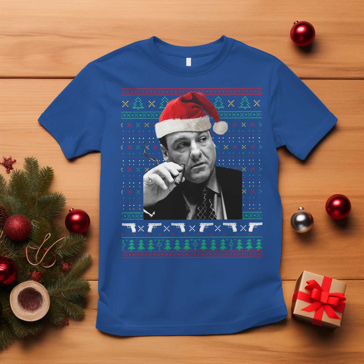Funny Ugly Christmas T Shirt Funny Mafia Gangster Santa Sopranos Smoking TS10 Royal Blue Print Your Wear