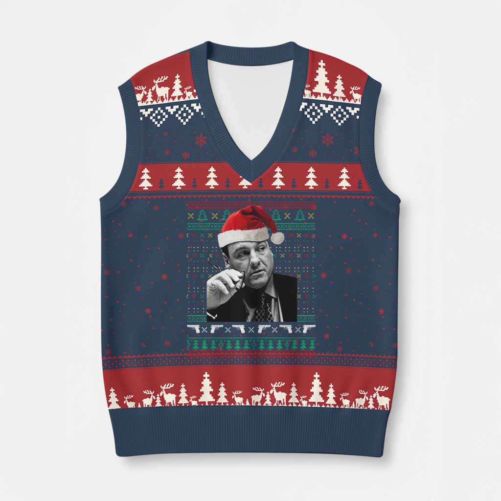 Funny Ugly Xmas V-Neck Knit Sweater Vest Funny Mafia Gangster Santa Sopranos Smoking TS10 Navy Red Print Your Wear