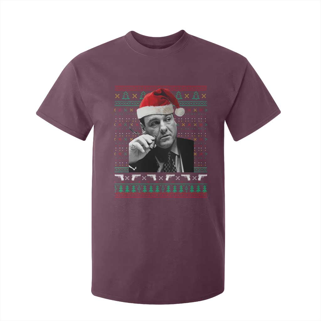 Funny Ugly Christmas T Shirt For Kid Funny Mafia Gangster Santa Sopranos Smoking TS10 Maroon Print Your Wear