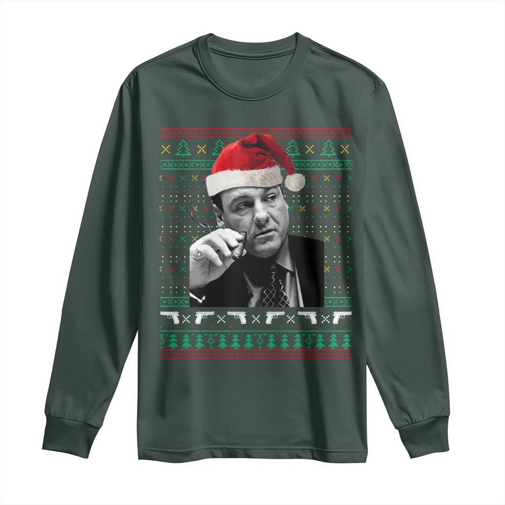Funny Ugly Christmas Long Sleeve Shirt Funny Mafia Gangster Santa Sopranos Smoking TS10 Dark Forest Green Print Your Wear