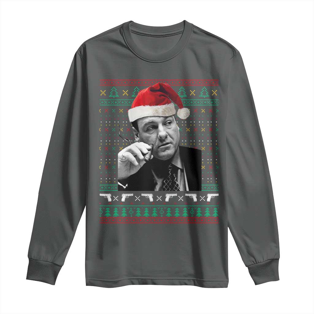 Funny Ugly Christmas Long Sleeve Shirt Funny Mafia Gangster Santa Sopranos Smoking TS10 Dark Heather Print Your Wear