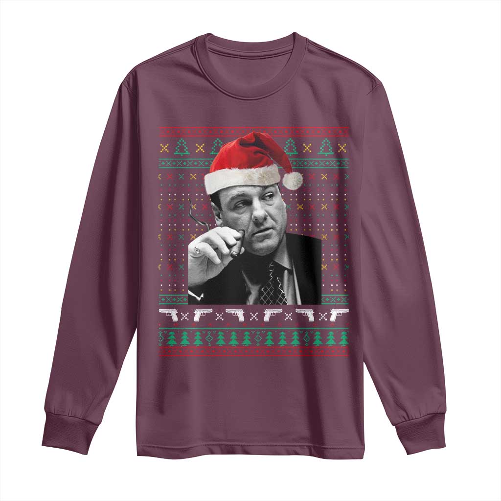 Funny Ugly Christmas Long Sleeve Shirt Funny Mafia Gangster Santa Sopranos Smoking TS10 Maroon Print Your Wear