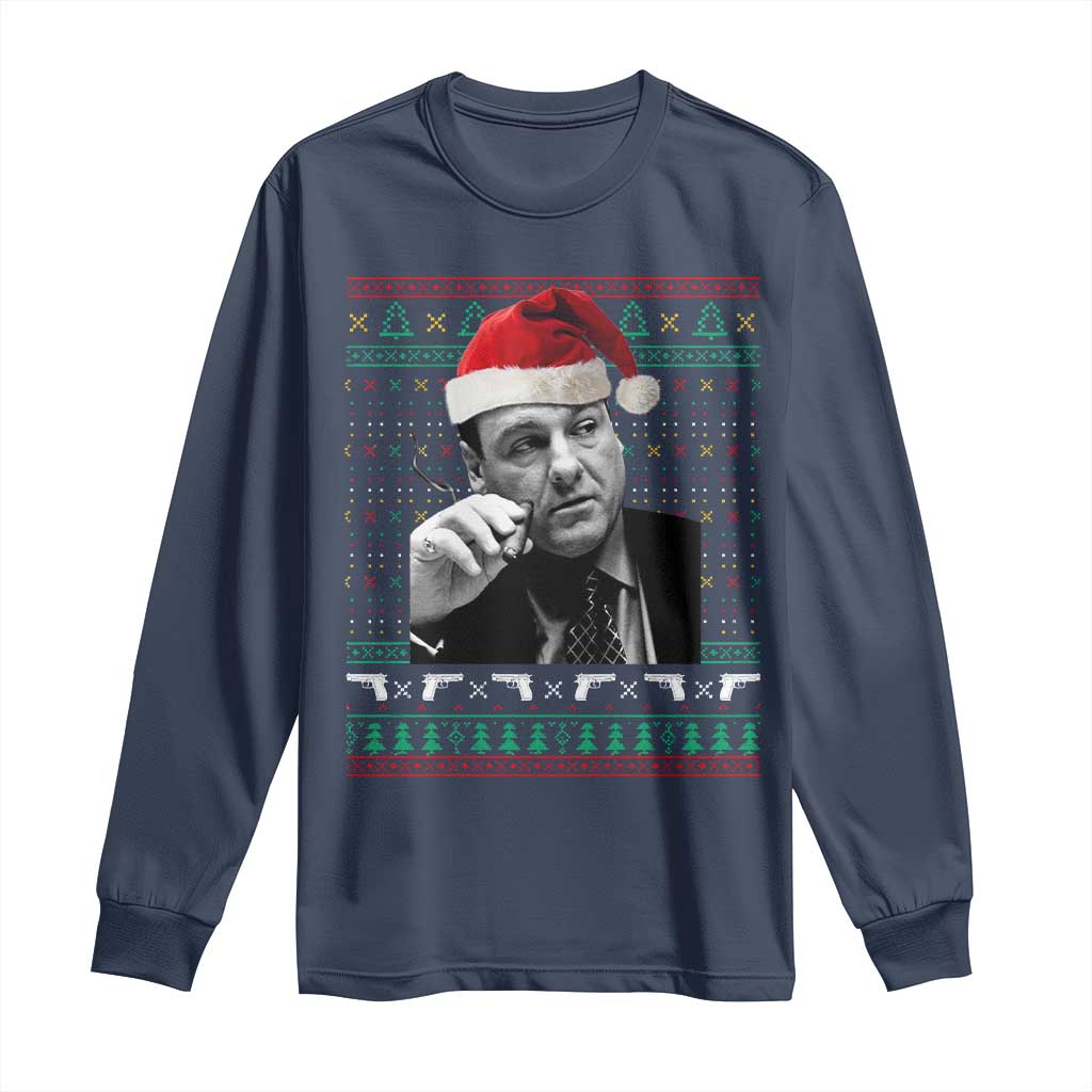Funny Ugly Christmas Long Sleeve Shirt Funny Mafia Gangster Santa Sopranos Smoking TS10 Navy Print Your Wear