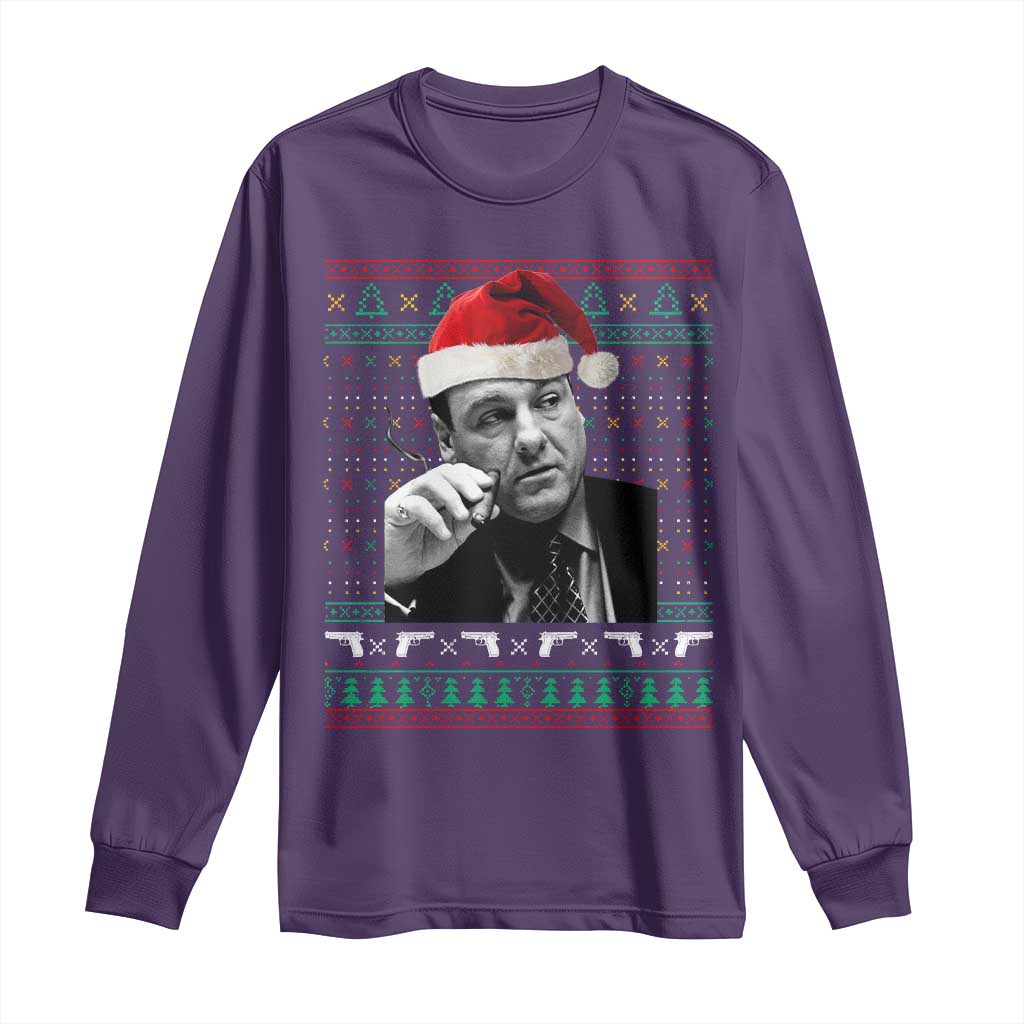 Funny Ugly Christmas Long Sleeve Shirt Funny Mafia Gangster Santa Sopranos Smoking TS10 Purple Print Your Wear