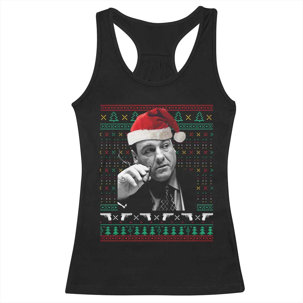 Funny Ugly Christmas Racerback Tank Top Funny Mafia Gangster Santa Sopranos Smoking TS10 Black Print Your Wear