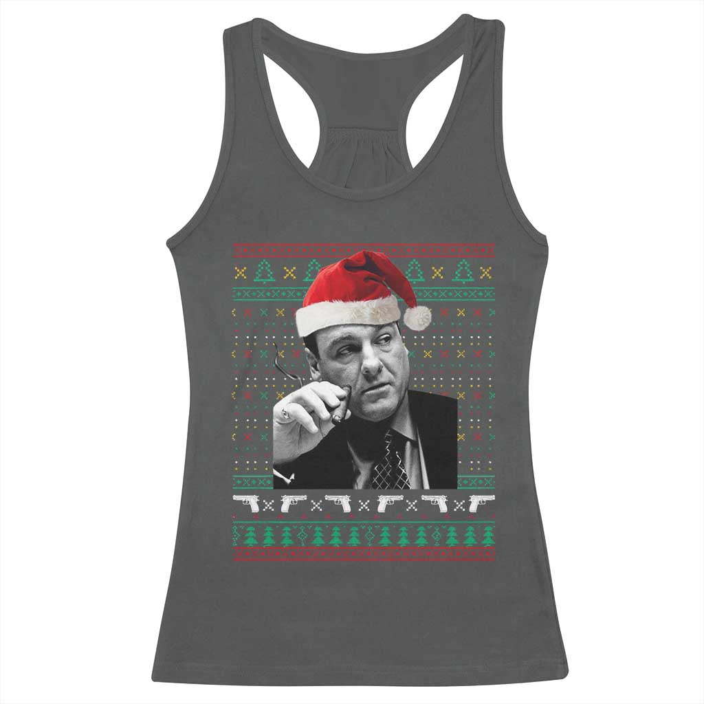 Funny Ugly Christmas Racerback Tank Top Funny Mafia Gangster Santa Sopranos Smoking TS10 Dark Heather Print Your Wear