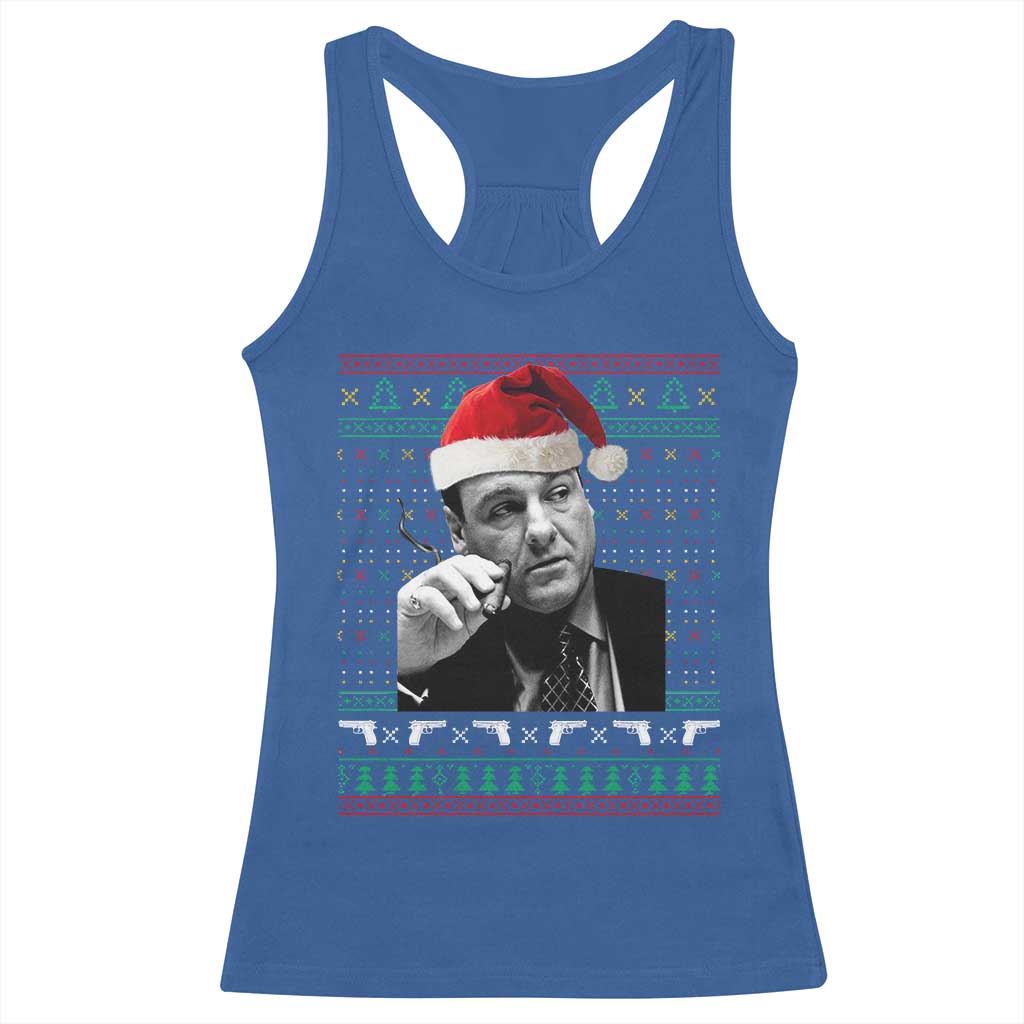 Funny Ugly Christmas Racerback Tank Top Funny Mafia Gangster Santa Sopranos Smoking TS10 Royal Blue Print Your Wear