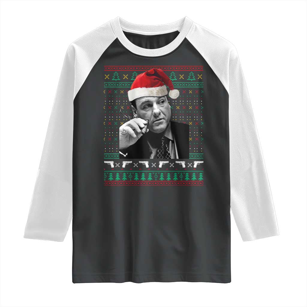 Funny Ugly Christmas Raglan Shirt Funny Mafia Gangster Santa Sopranos Smoking TS10 Black White Print Your Wear