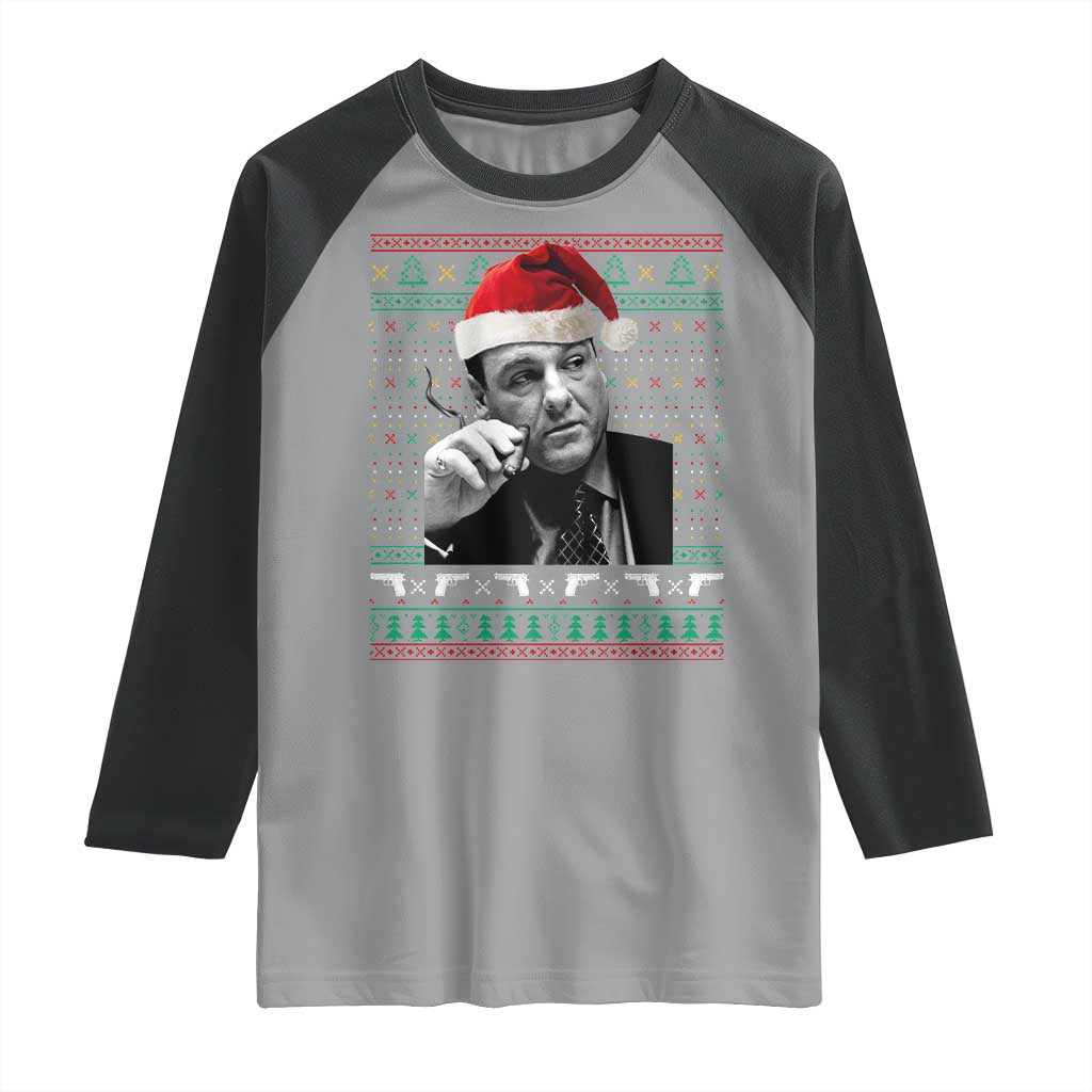 Funny Ugly Christmas Raglan Shirt Funny Mafia Gangster Santa Sopranos Smoking TS10 Sport Gray Black Print Your Wear