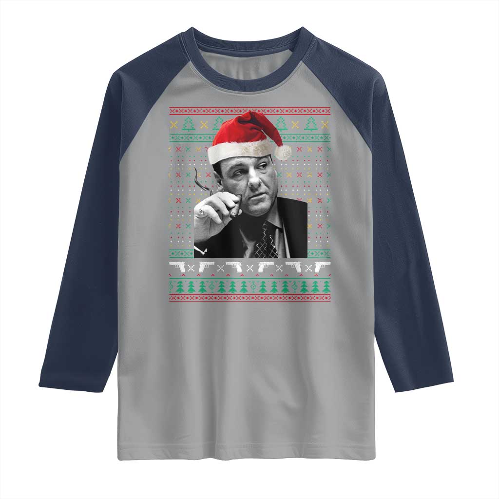 Funny Ugly Christmas Raglan Shirt Funny Mafia Gangster Santa Sopranos Smoking TS10 Sport Gray Navy Print Your Wear