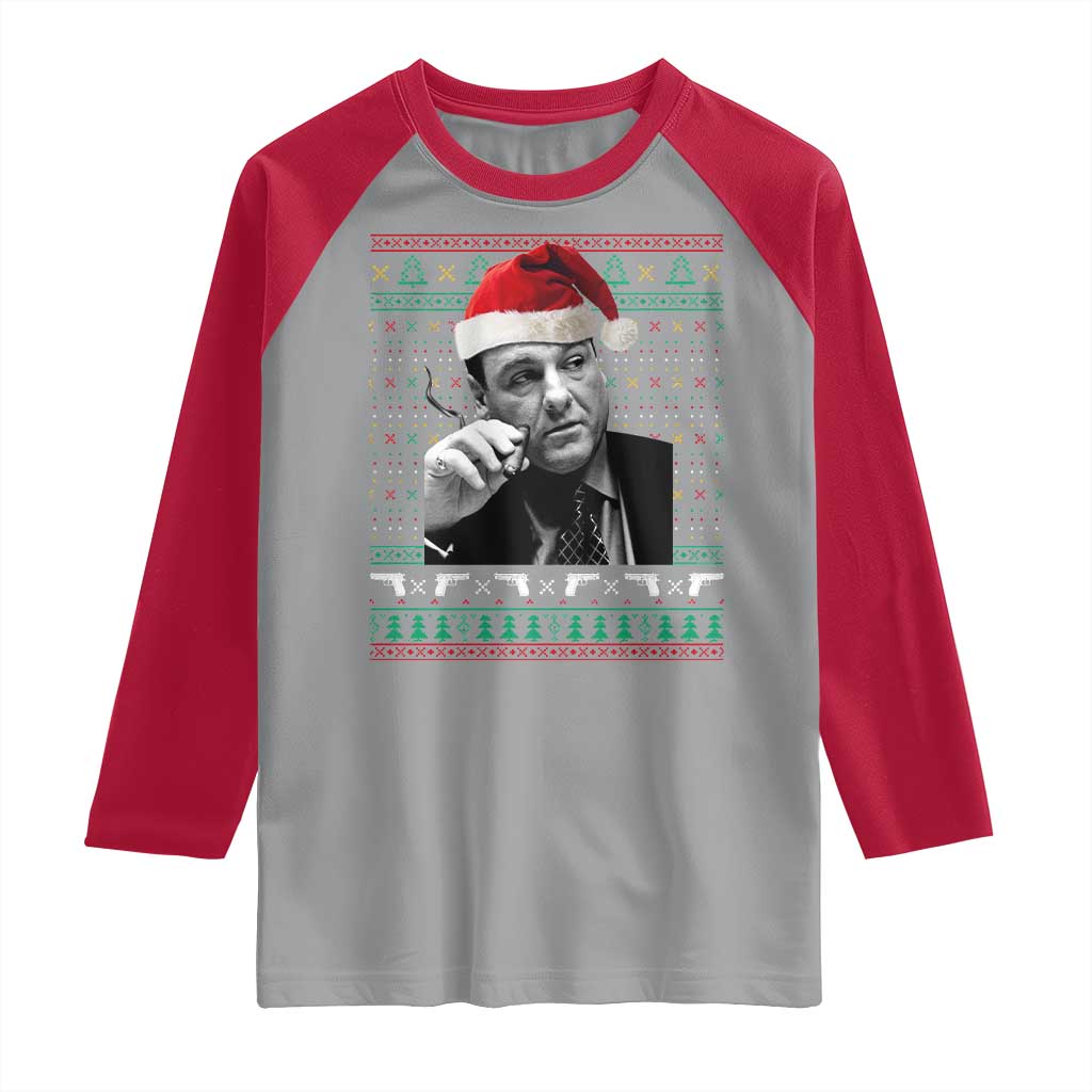 Funny Ugly Christmas Raglan Shirt Funny Mafia Gangster Santa Sopranos Smoking TS10 Sport Gray Red Print Your Wear