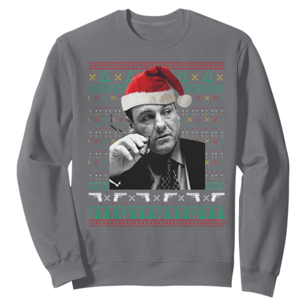 Funny Ugly Christmas Sweatshirt Funny Mafia Gangster Santa Sopranos Smoking TS10 Charcoal Print Your Wear