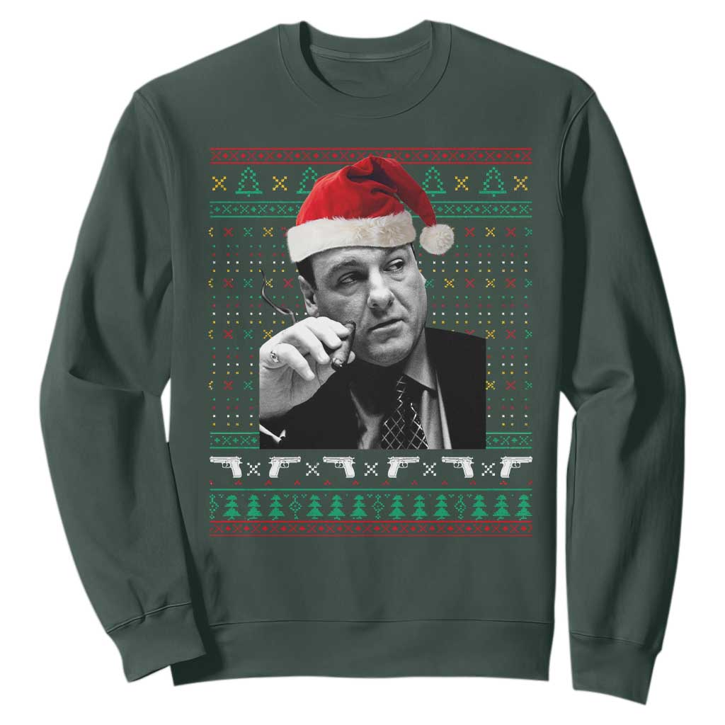 Funny Ugly Christmas Sweatshirt Funny Mafia Gangster Santa Sopranos Smoking TS10 Dark Forest Green Print Your Wear