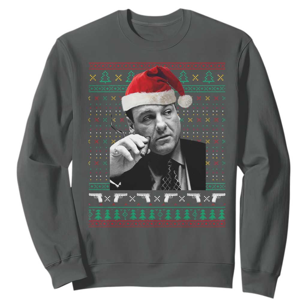Funny Ugly Christmas Sweatshirt Funny Mafia Gangster Santa Sopranos Smoking TS10 Dark Heather Print Your Wear