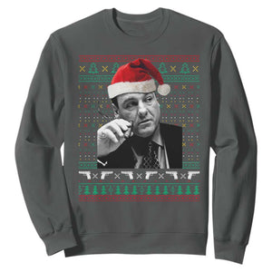 Funny Ugly Christmas Sweatshirt Funny Mafia Gangster Santa Sopranos Smoking TS10 Dark Heather Print Your Wear