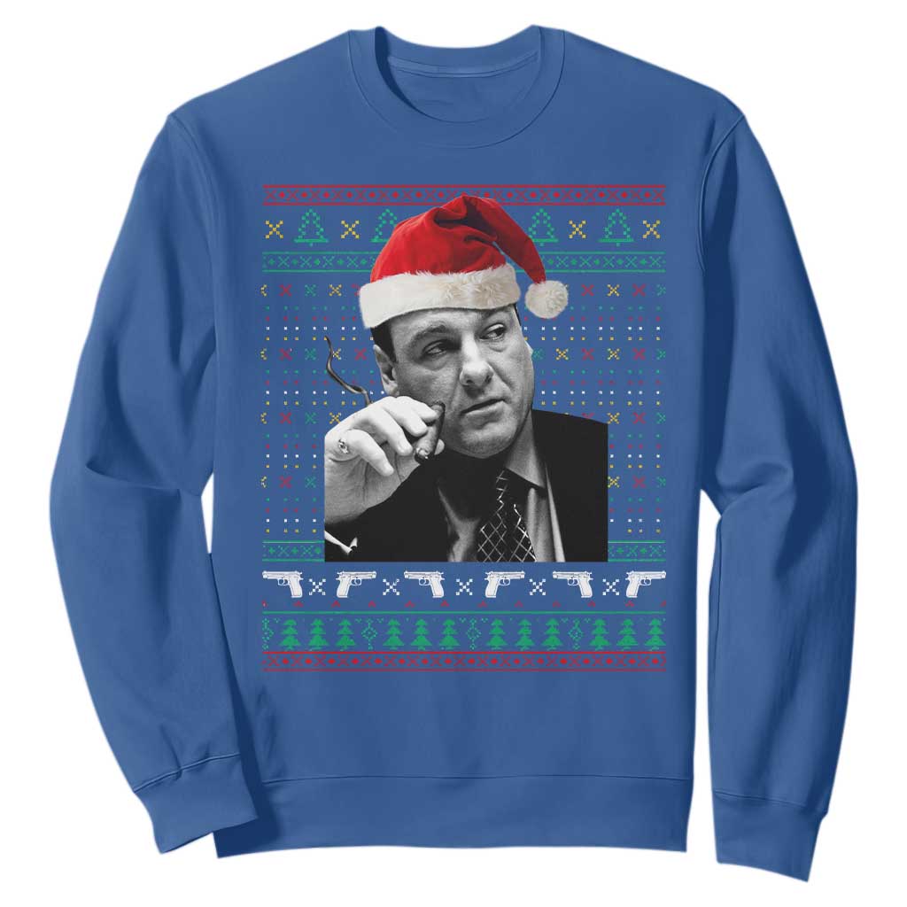 Funny Ugly Christmas Sweatshirt Funny Mafia Gangster Santa Sopranos Smoking TS10 Royal Blue Print Your Wear