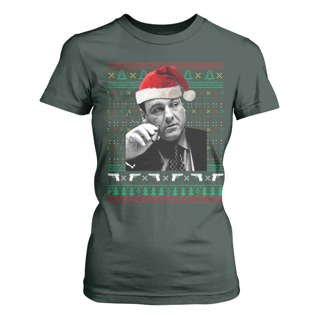 Funny Ugly Christmas T Shirt For Women Funny Mafia Gangster Santa Sopranos Smoking TS10 Dark Forest Green Print Your Wear