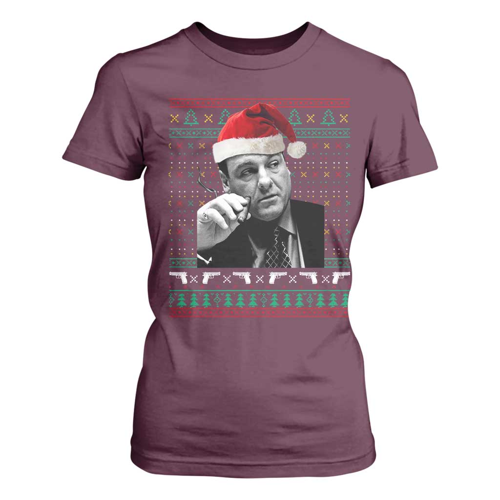 Funny Ugly Christmas T Shirt For Women Funny Mafia Gangster Santa Sopranos Smoking TS10 Maroon Print Your Wear
