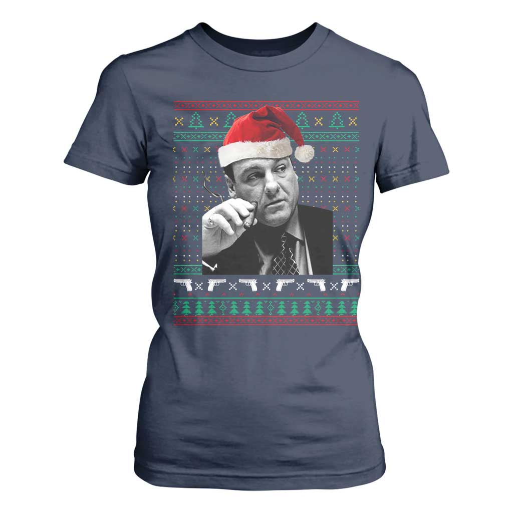 Funny Ugly Christmas T Shirt For Women Funny Mafia Gangster Santa Sopranos Smoking TS10 Navy Print Your Wear