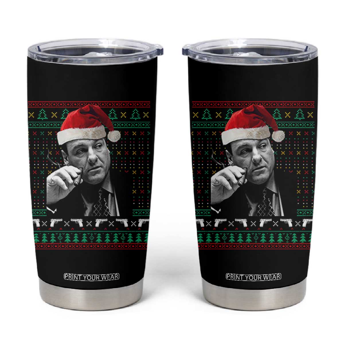 Funny Ugly Christmas Tumbler Cup Funny Mafia Gangster Santa Sopranos Smoking TS10 Black Print Your Wear