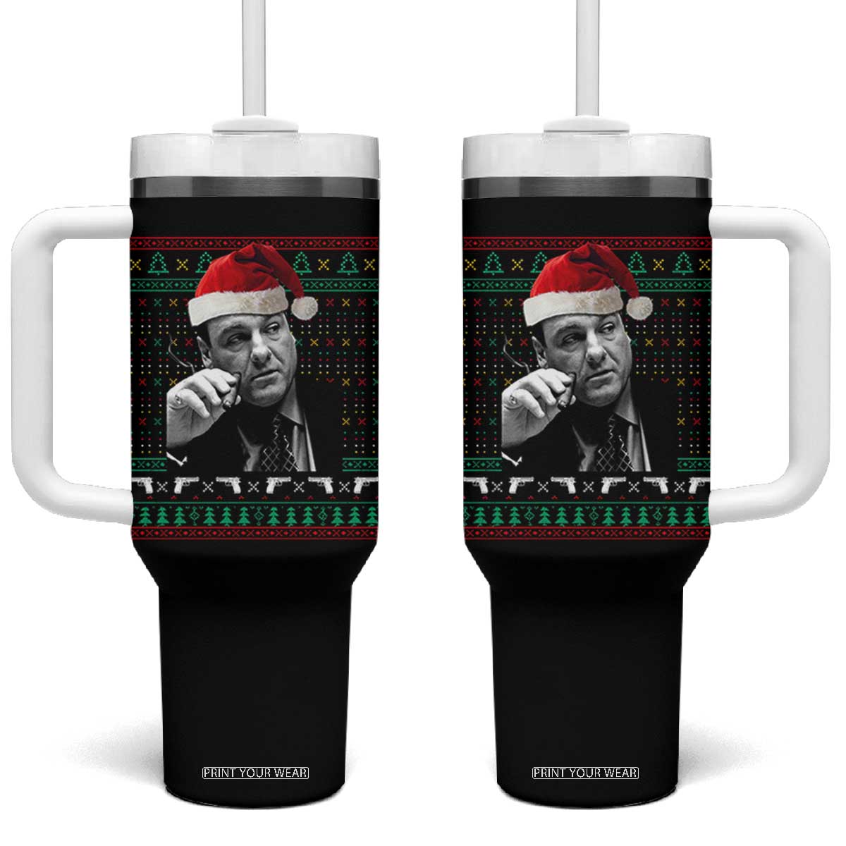 Funny Ugly Christmas Tumbler With Handle Funny Mafia Gangster Santa Sopranos Smoking TS10 One Size: 40 oz Black Print Your Wear