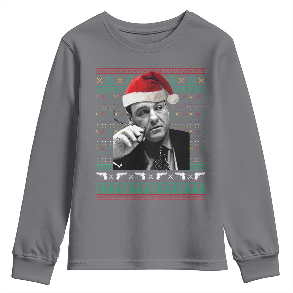 Funny Ugly Christmas Youth Sweatshirt Funny Mafia Gangster Santa Sopranos Smoking TS10 Charcoal Print Your Wear
