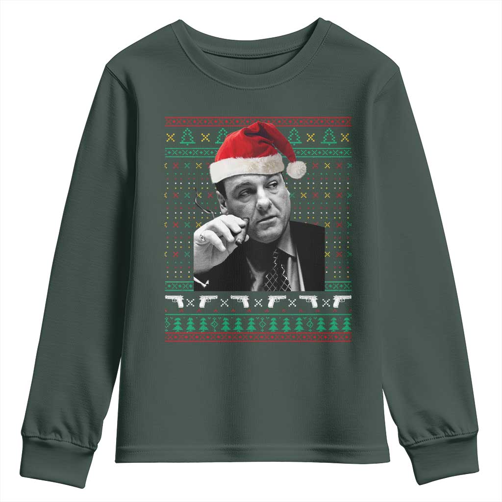 Funny Ugly Christmas Youth Sweatshirt Funny Mafia Gangster Santa Sopranos Smoking TS10 Dark Forest Green Print Your Wear