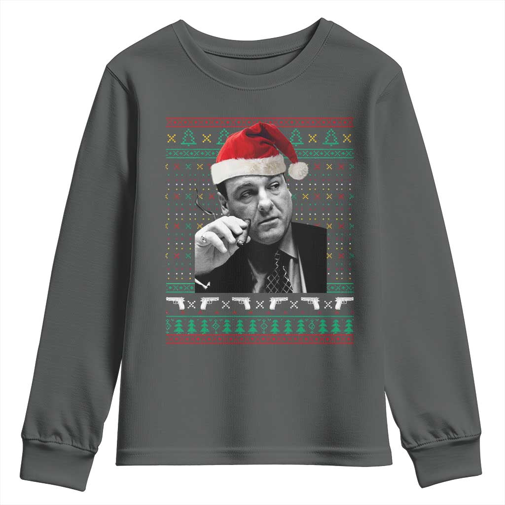 Funny Ugly Christmas Youth Sweatshirt Funny Mafia Gangster Santa Sopranos Smoking TS10 Dark Heather Print Your Wear