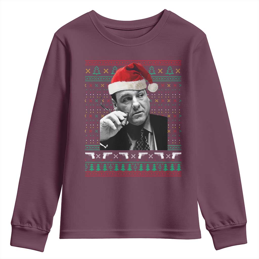 Funny Ugly Christmas Youth Sweatshirt Funny Mafia Gangster Santa Sopranos Smoking TS10 Maroon Print Your Wear
