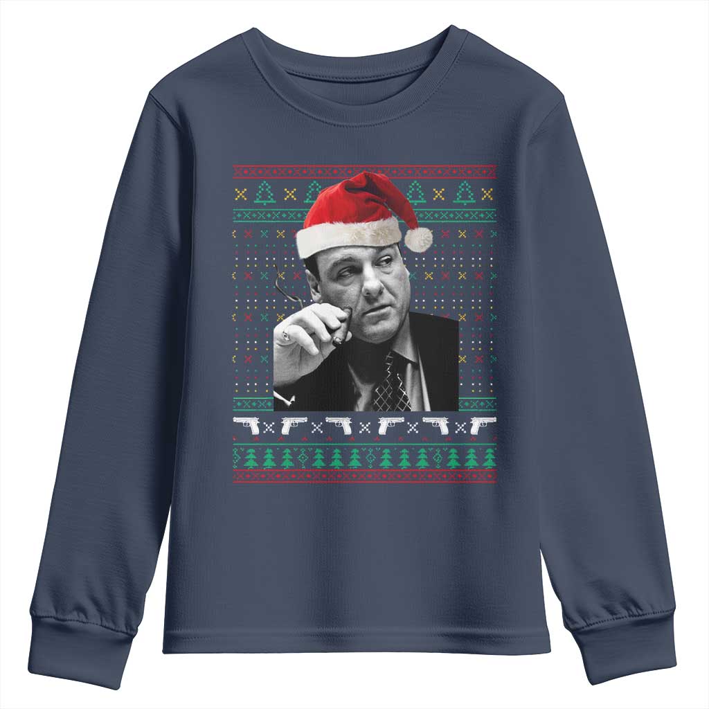 Funny Ugly Christmas Youth Sweatshirt Funny Mafia Gangster Santa Sopranos Smoking TS10 Navy Print Your Wear
