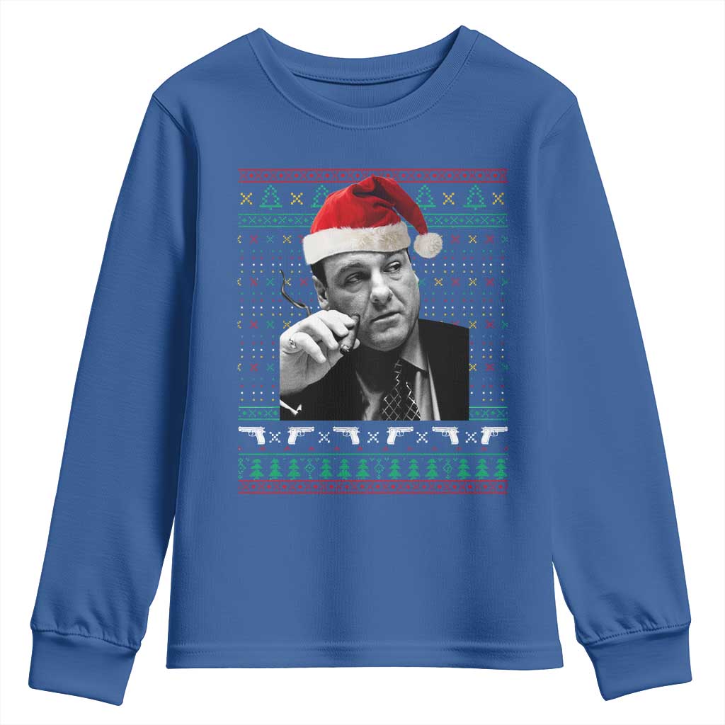 Funny Ugly Christmas Youth Sweatshirt Funny Mafia Gangster Santa Sopranos Smoking TS10 Royal Blue Print Your Wear