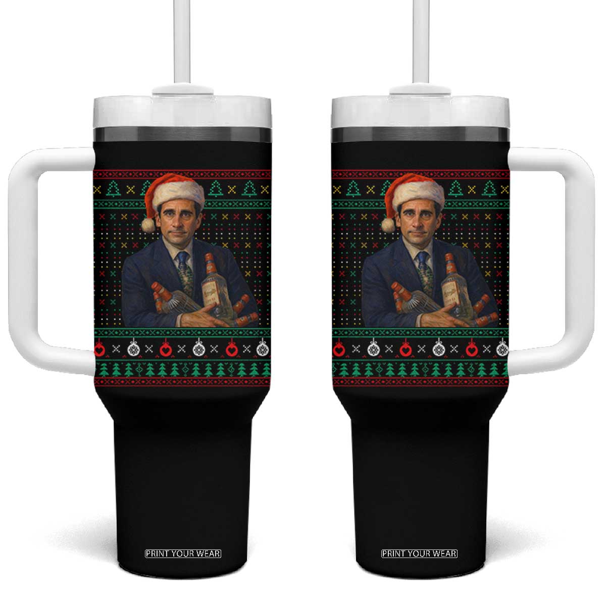 Office Christmas Movie Tumbler With Handle Funny Retro 90s Movie Ugly Xmas TS10 One Size: 40 oz Black Print Your Wear