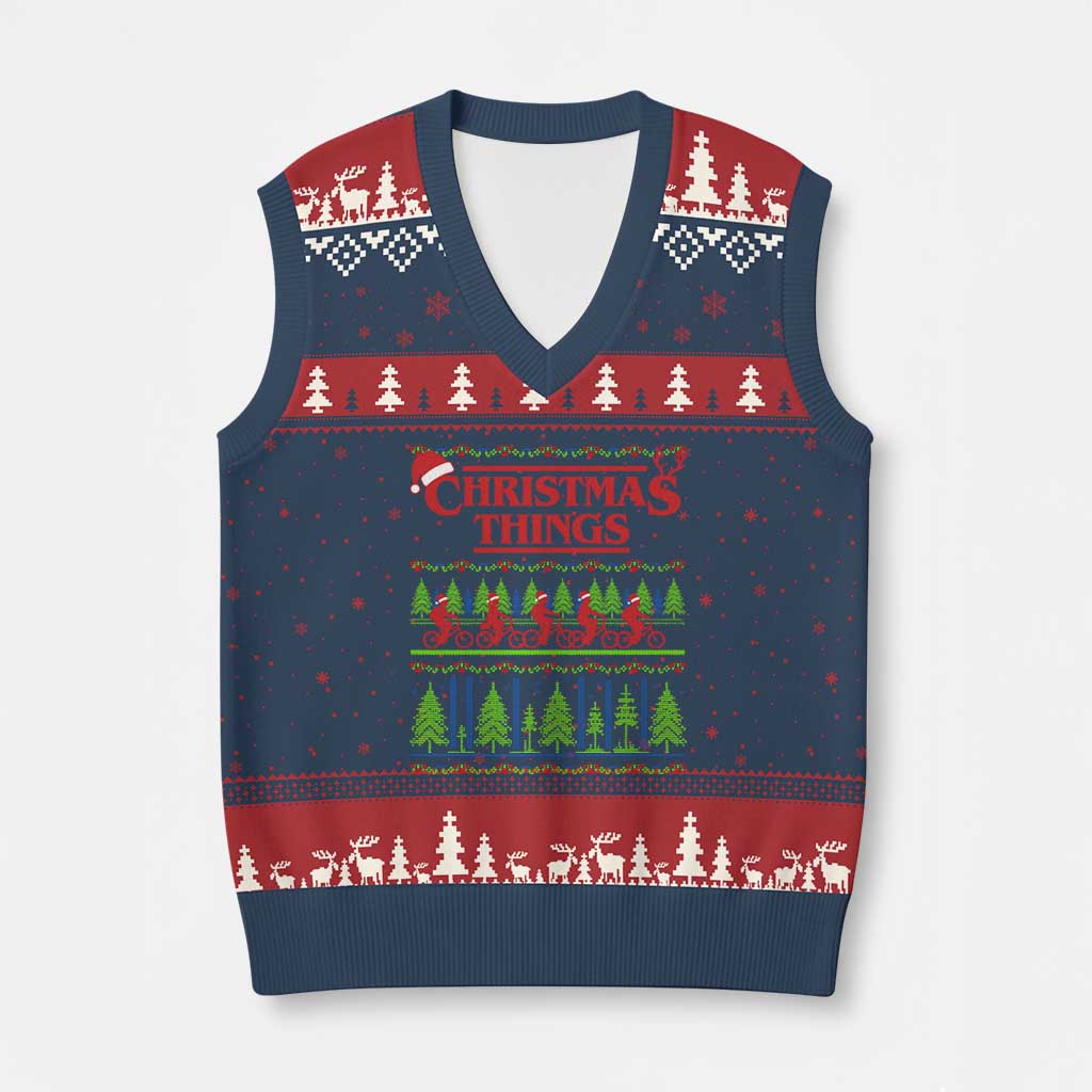Xmas Things V-Neck Knit Sweater Vest Vintage Movie TV Series Retro TS10 Navy Red Print Your Wear