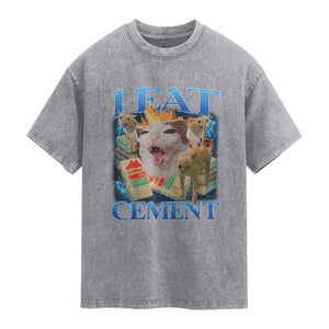 I Eat Cement Cursed Cat Washed Cotton T-Shirt Funny Cat Meme Ironic