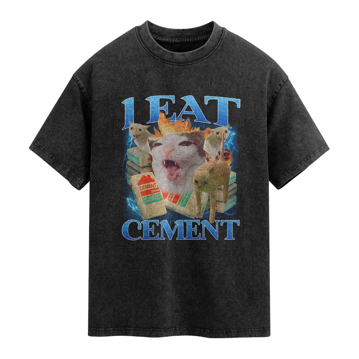 I Eat Cement Cursed Cat Washed Cotton T-Shirt Funny Cat Meme Ironic