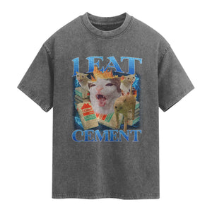 I Eat Cement Cursed Cat Washed Cotton T-Shirt Funny Cat Meme Ironic