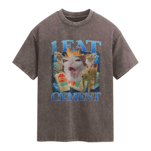 I Eat Cement Cursed Cat Washed Cotton T-Shirt Funny Cat Meme Ironic