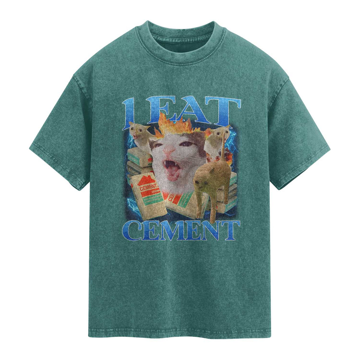 I Eat Cement Cursed Cat Washed Cotton T-Shirt Funny Cat Meme Ironic