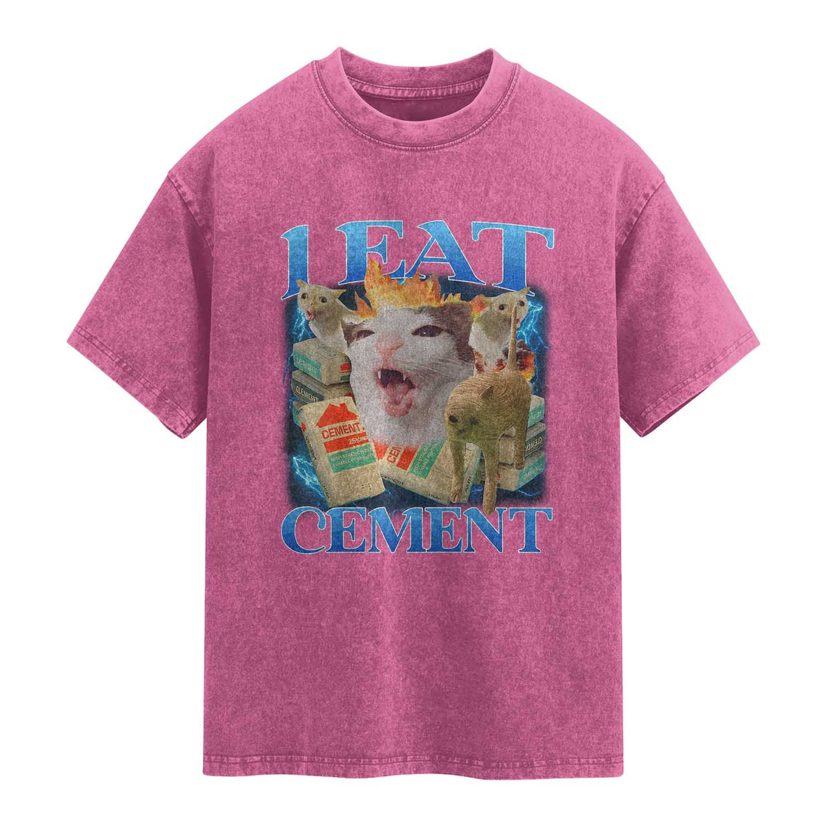 I Eat Cement Cursed Cat Washed Cotton T-Shirt Funny Cat Meme Ironic