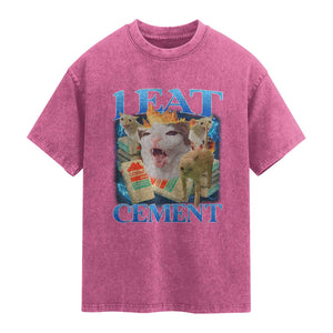I Eat Cement Cursed Cat Washed Cotton T-Shirt Funny Cat Meme Ironic