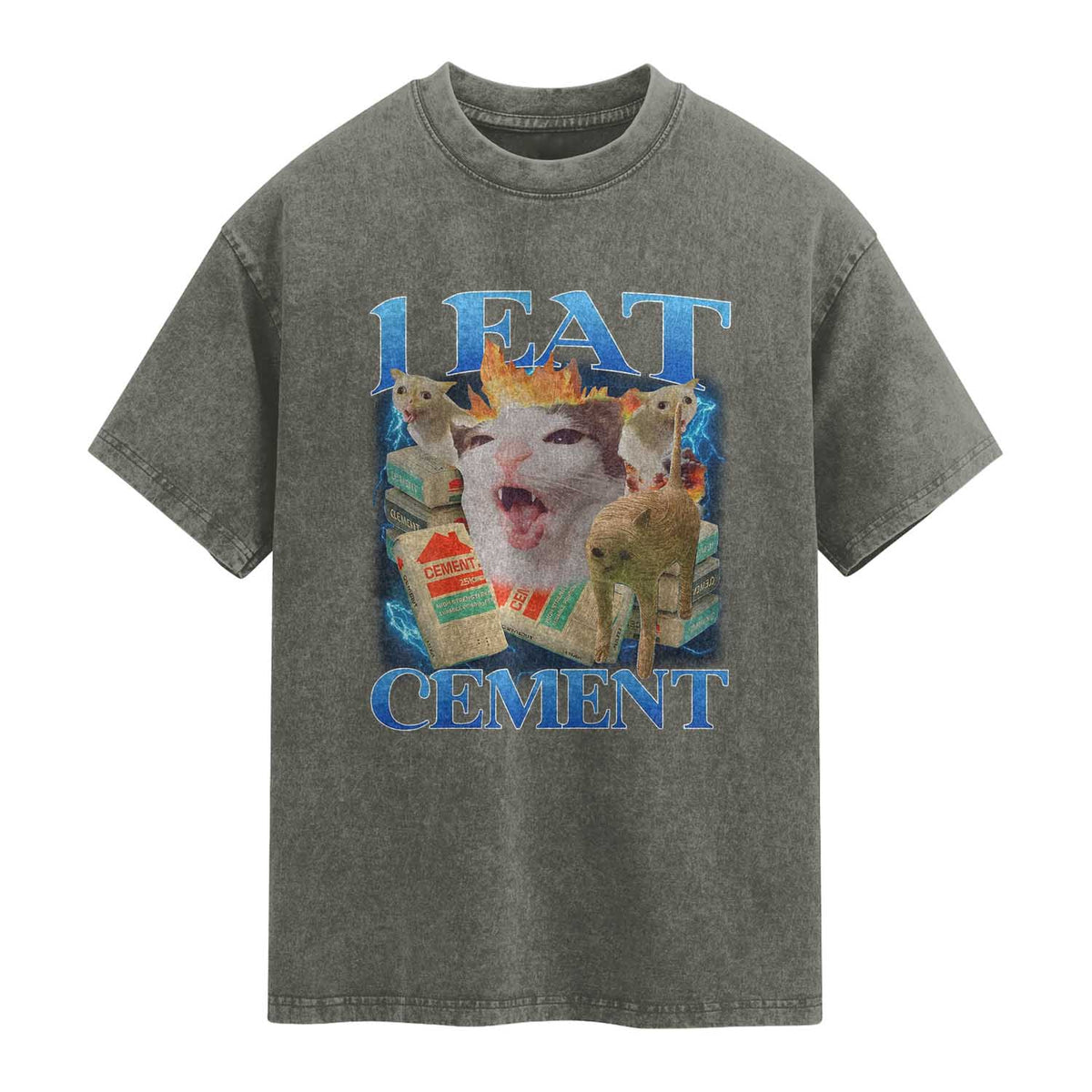 I Eat Cement Cursed Cat Washed Cotton T-Shirt Funny Cat Meme Ironic
