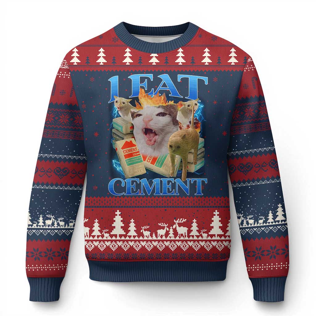 I Eat Cement Cursed Cat Ugly Christmas Sweater Funny Cat Meme Ironic TS10 Navy Red Print Your Wear