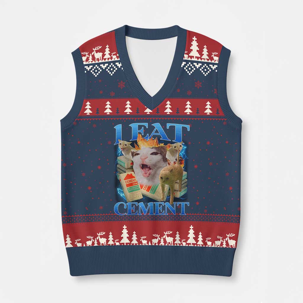 I Eat Cement Cursed Cat V-Neck Knit Sweater Vest Funny Cat Meme Ironic TS10 Navy Red Print Your Wear