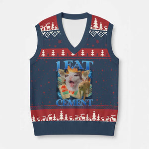 I Eat Cement Cursed Cat V-Neck Knit Sweater Vest Funny Cat Meme Ironic TS10 Navy Red Print Your Wear