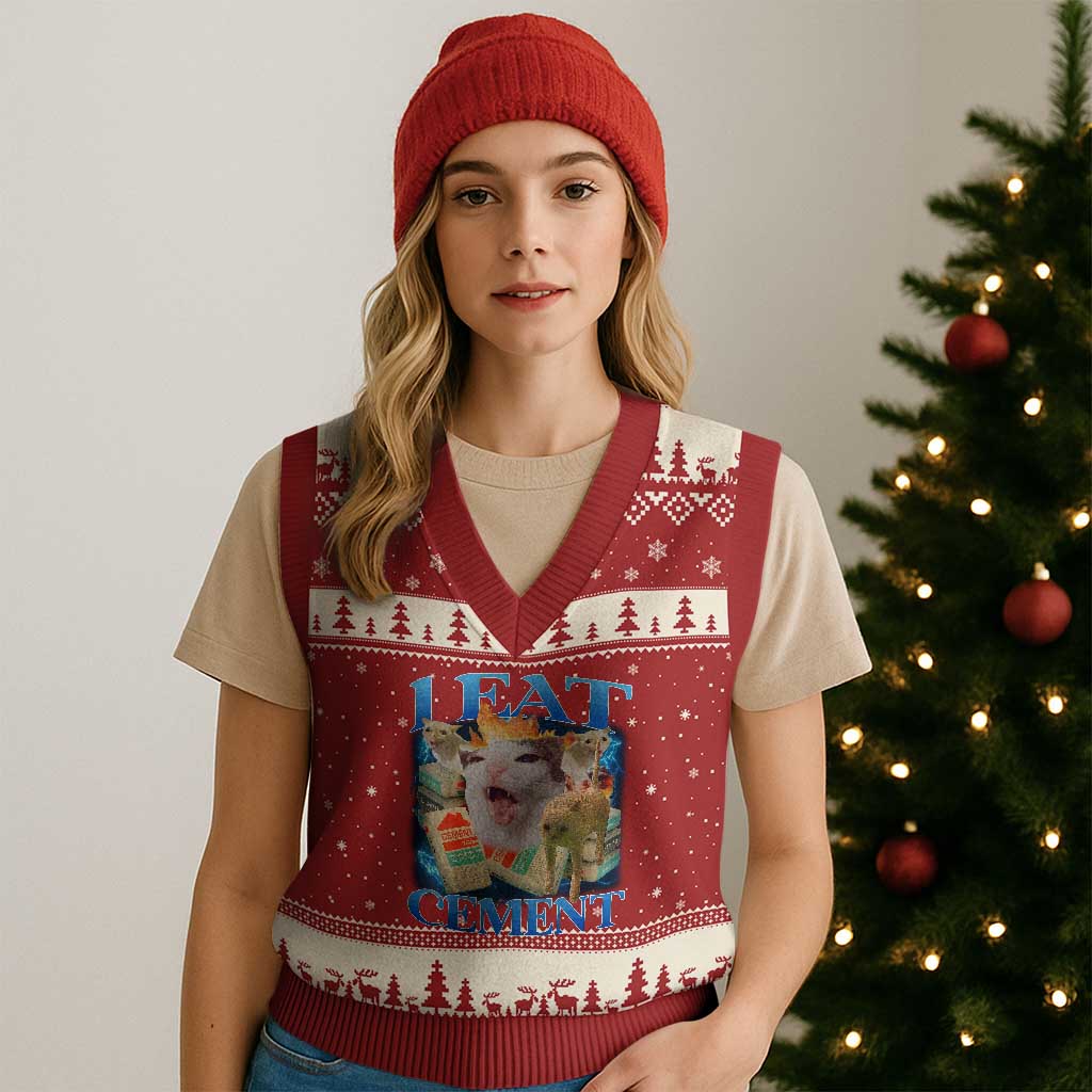 I Eat Cement Cursed Cat V-Neck Knit Sweater Vest Funny Cat Meme Ironic TS10 Red Beige Print Your Wear