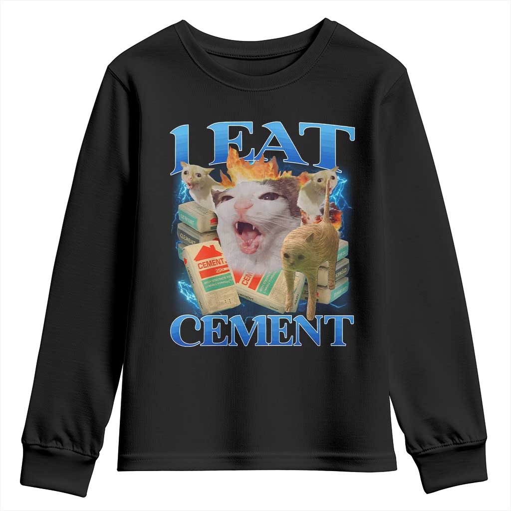 I Eat Cement Cursed Cat Youth Sweatshirt Funny Cat Meme Ironic TS10 Black Print Your Wear