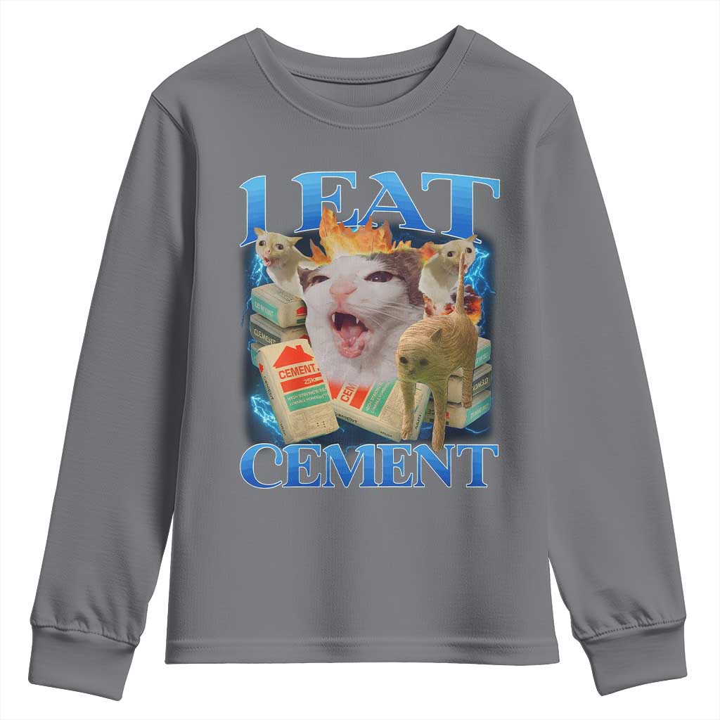 I Eat Cement Cursed Cat Youth Sweatshirt Funny Cat Meme Ironic TS10 Charcoal Print Your Wear