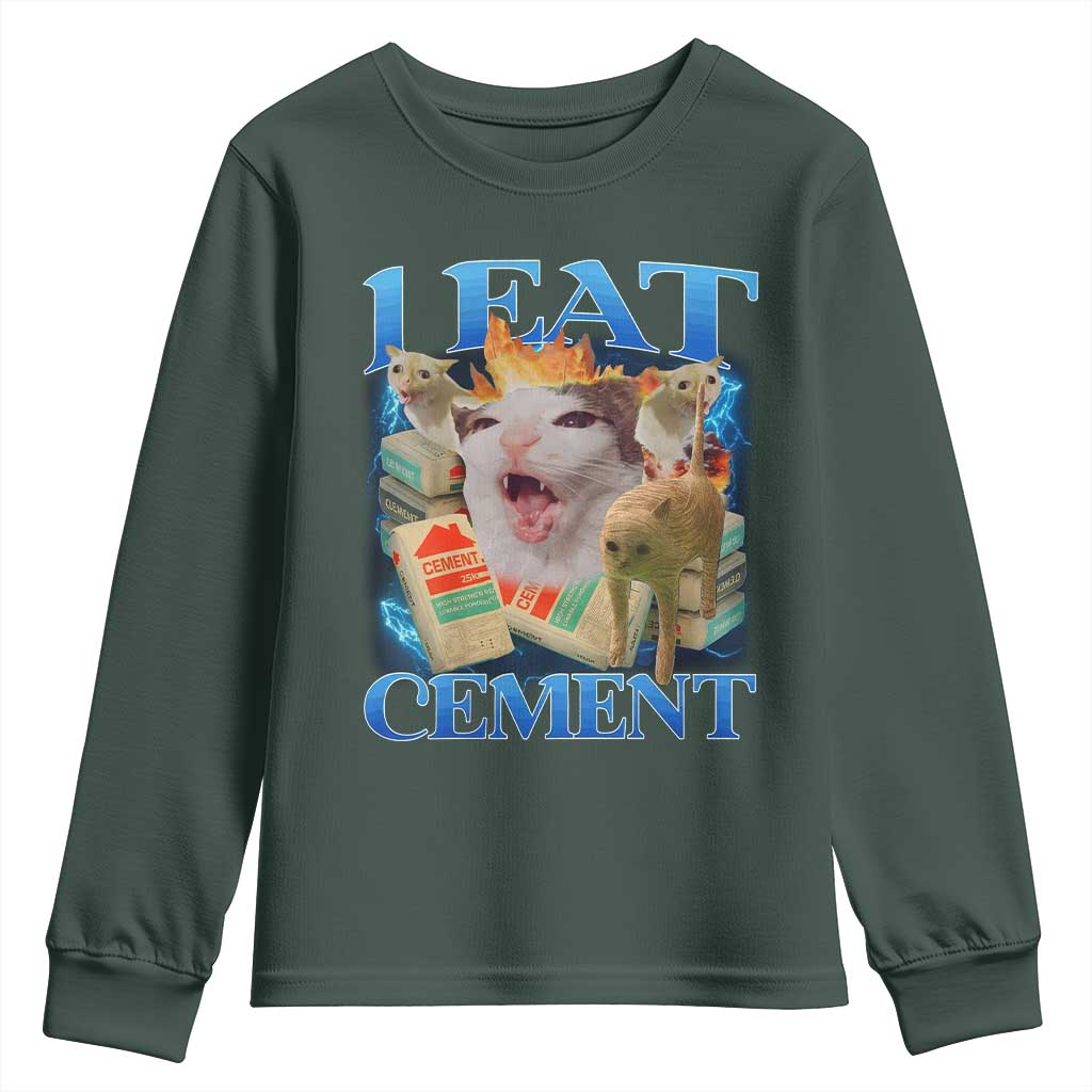 I Eat Cement Cursed Cat Youth Sweatshirt Funny Cat Meme Ironic TS10 Dark Forest Green Print Your Wear