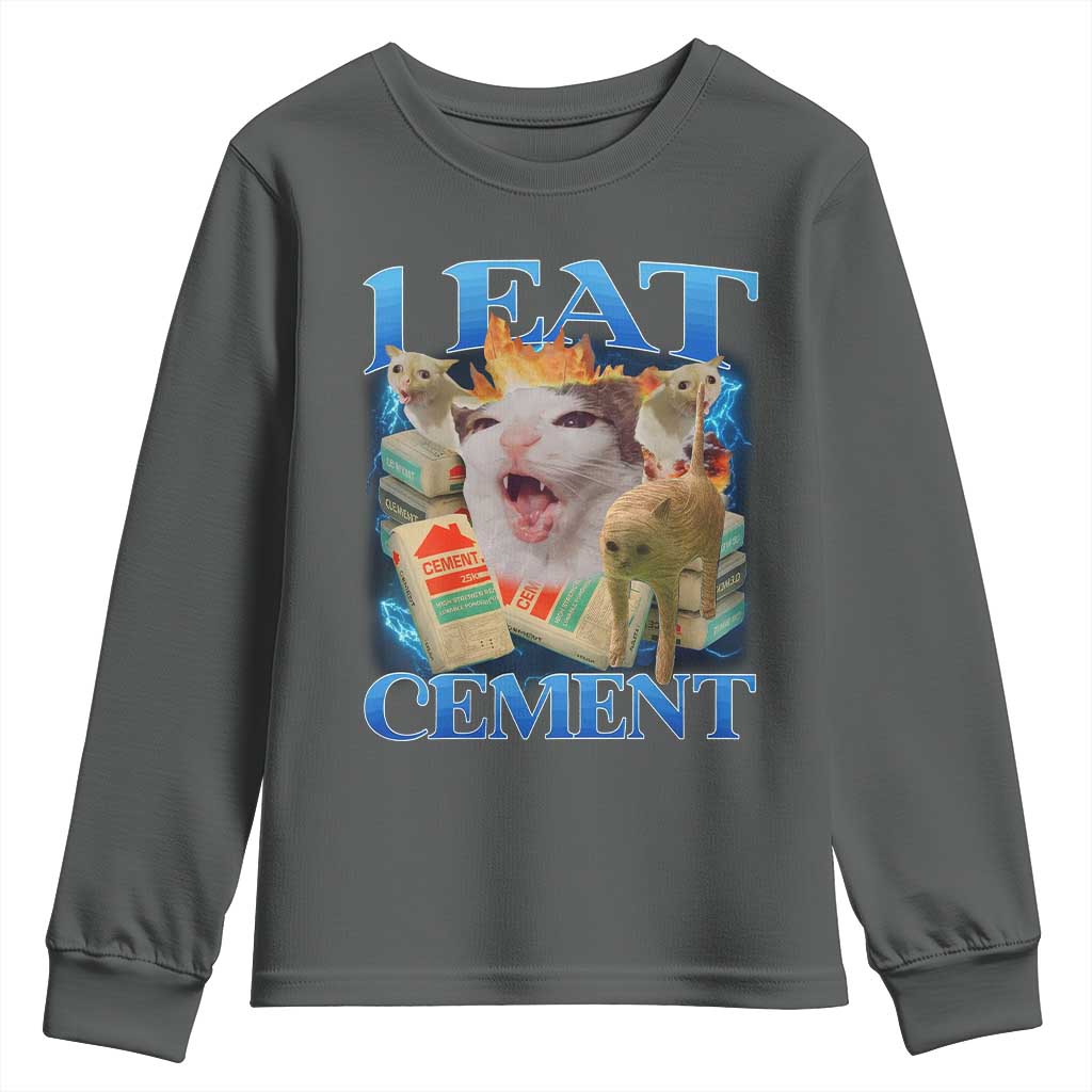 I Eat Cement Cursed Cat Youth Sweatshirt Funny Cat Meme Ironic TS10 Dark Heather Print Your Wear
