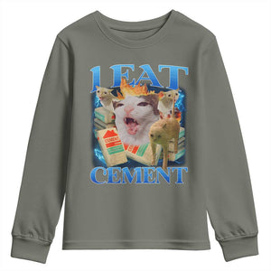 I Eat Cement Cursed Cat Youth Sweatshirt Funny Cat Meme Ironic TS10 Military Green Print Your Wear
